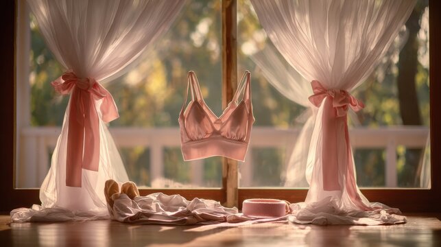 Delicate pink sports bra workout clothes laid out for morning fitness session. Soft pink sports bra hangs near window with sheer curtains, while workout clothes headband are neatly arranged on floor