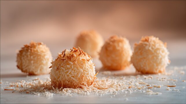 Homemade coconut balls with toasted flakes, a delightful gourmet dessert. Close-up of delicious homemade coconut balls, sprinkled with toasted coconut flakes, perfect for a cozy treat