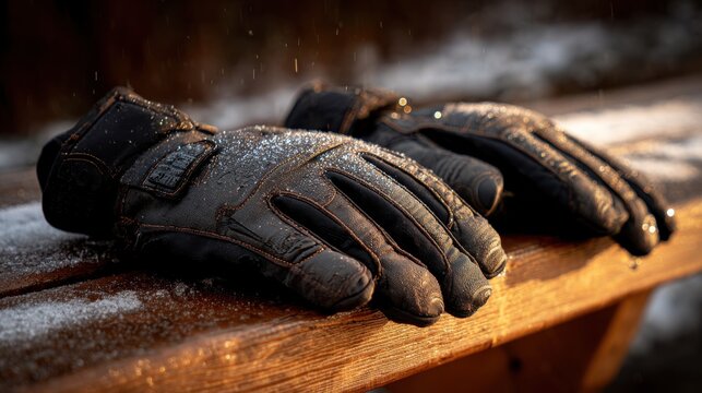 Black leather gloves with water droplets and snow resting on a wooden surface. Close-up of black leather gloves, glistening with water droplets and dusted with snow, placed on a textured wooden bench