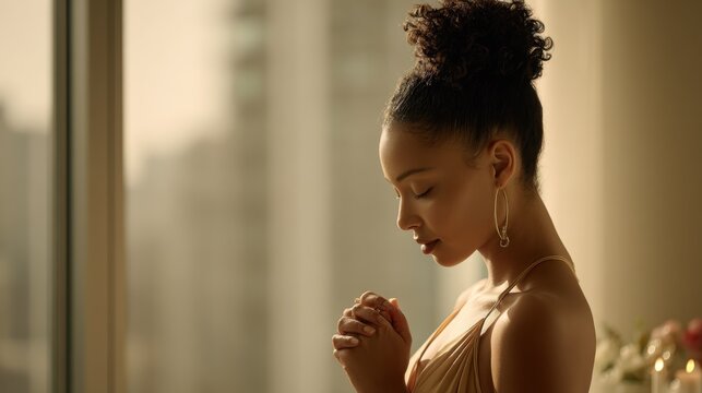 Woman in elegant dress praying with hands clasped in front of her face. A serene woman with her eyes closed and hands clasped in prayer, bathed in soft natural light, embodying peace and reflection