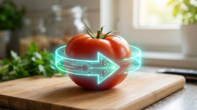 Tomato food waste reduction concept glowing arrow on kitchen cutting board
