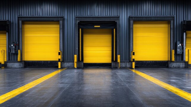Sleek commercial warehouse exterior with vivid yellow shipping bay entrances and bright ground markings