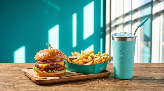 Fast food combo meal with burger french fries and drink under sunny window shadows