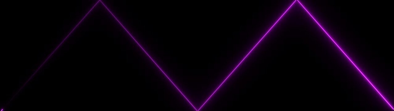 Vibrant purple glowing neon light lines forming a sharp mountain peak shape against a solid black background for technology and digital concepts