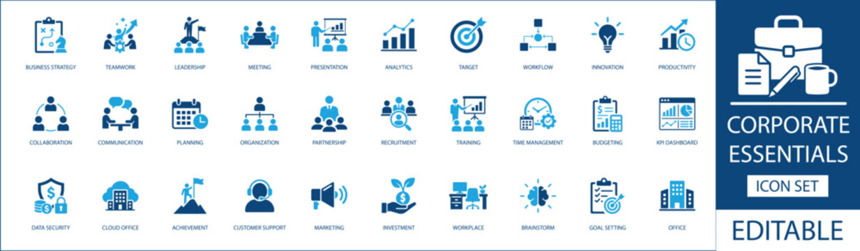 Corporate essentials icon set. Featuring business strategy, teamwork, leadership, data security and analytics. Vector icons for office signs, business reports and KPI dashboards.