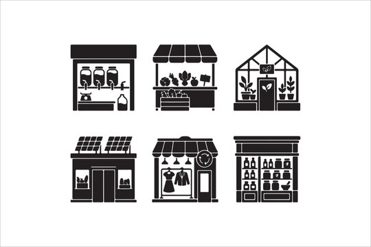 Set of retail store and market stall icons in a black and white flat vector design with business commerce silhouette greenhouse clothing products building collection commercial establishment