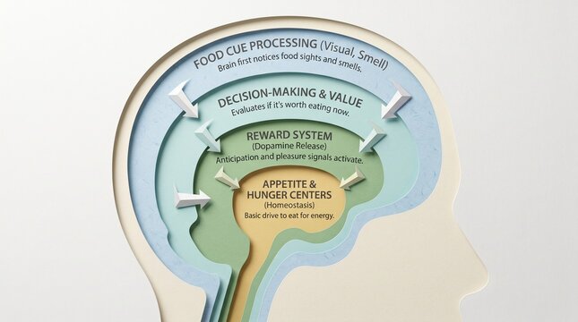Layered Paper Cut Brain Infographic With Reduced Food Cue Intensity