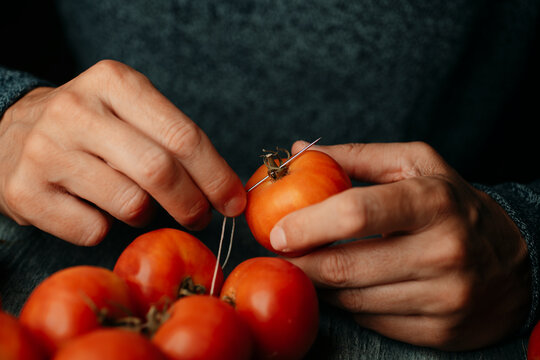 man threads traditional spanish tomates de colgar