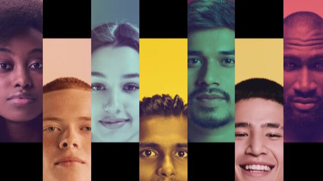 Close-up collage of diverse faces in vertical color blocks. Concept of diversity reports, HR presentations, social campaigns, brand guidelines and editorial web headers.