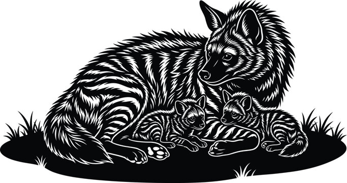 Aardwolf Family Silhouette Vector Illustration (Proteles cristata) African Hyena-like Mammal Parent and Cubs &ndash; Isolated Black and White Negative Space Clipart on White Background
