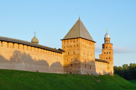 Veliky Novgorod Russia. The towers of Veliky Novgorod Kremlin - summer architecture landscape in sunset light