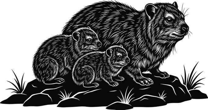Rock Hyrax Family Silhouette Vector Illustration (Procavia capensis) African Rock Hyrax Colony with Parent and Babies &ndash; Minimal Black and White Negative Space Line Art on Rocks