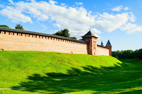 Veliky Novgorod Kremlin towers at summer sunset in Veliky Novgorod, Russia, summer travel landscape