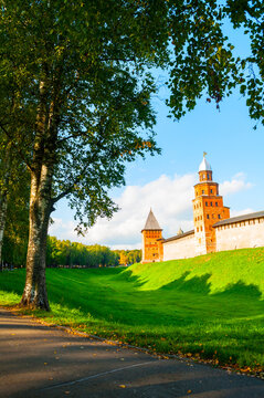 Veliky Novgorod Kremlin fortress, Assumption and Kokui towers at summer sundown in Veliky Novgorod, Russia, summer travel landscape