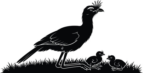 Fototapeta premium Seriema Bird Family Silhouette Vector with Adult Parent and Two Chicks Resting on Grass