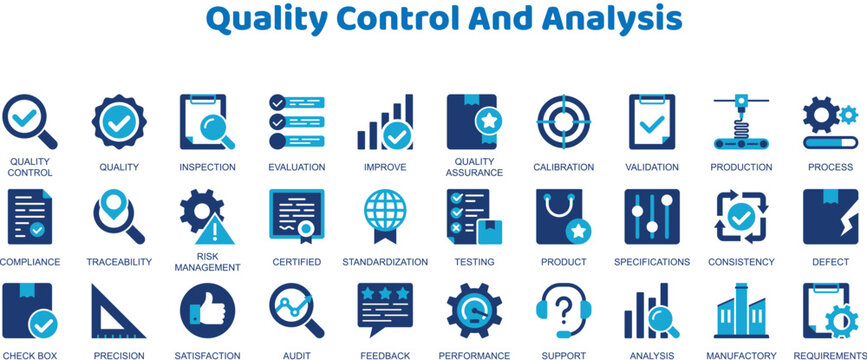 Quality control and analysis vector icons. Industrial manufacturing assessment and compliance line signs set. Audit inspection icon