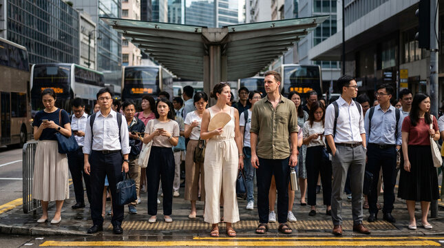 Shade Seeking Pedestrians at Tropical Megacity Crosswalk in Midday Heat