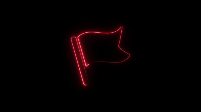 Bright red neon outline of a waving flag on a pole representing a goal or achievement isolated on a solid black background