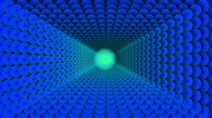 Fototapete 3D Geometric Blue Halftone Pattern Tunnel with Bright Teal Glow  © VIGNESH