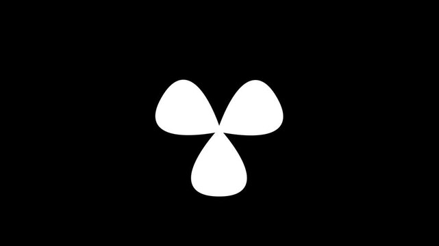 A white three leaf clover shape isolated on a solid black background representing a simple for digital composition and motion