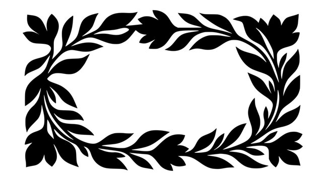 Black Leafy Floral Frame Silhouette on White Background