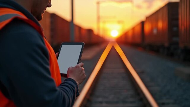 The Railway Worker Using a Tablet to Inspect Freight Trains at Sunset.