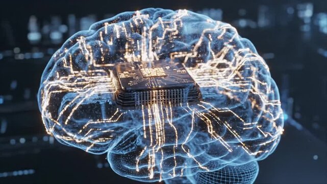A computer chip is embedded in a glowing digital brain with circuits.