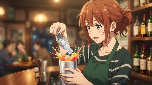 Anime Bartender Making Colorful Cocktail with Ice Cubes in Cozy Bar