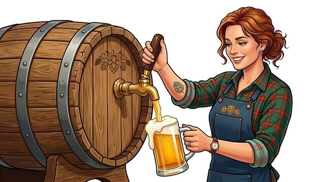 Smiling female bartender pouring fresh lager beer from a wooden barrel tap into glass mug vector illustration
