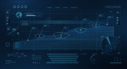 Futuristic holographic HUD, UI interface with wireframe terrain scan, data nodes, radar sweep element, and science fiction monitoring telemetry. Sci-fi HUD dashboard with topographic map, radar, ui © 24 std