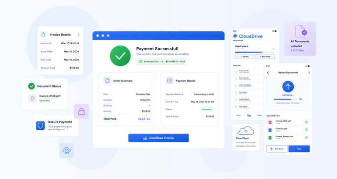 Online payment successful confirmation dashboard UI, UX with digital invoice, receipt details, cloud drive upload and secure transaction elements. UI, UX, Web App elements. Vector graphic illustration