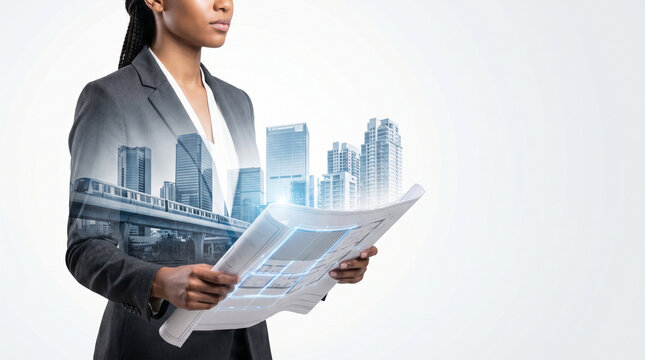Female Engineer With Folded Plans And Urban Double Exposure