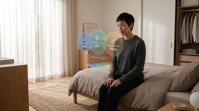 Bedroom Wake Routine AR Readiness Dashboard Around Rested Adult