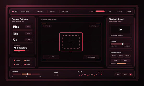 Professional camera monitor interface in futuristic style with recorder status, recording settings, control panel, and autofocus video view. UI, UX, futuristic interface camera monitoring. Vector ui