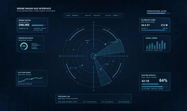 Futuristic HUD, UI interface with radar. Blue tactical monitoring dashboard showing drone status, radar scan, telemetry panels, signal array, altitude chart, runtime module. Vector HUD dashboard