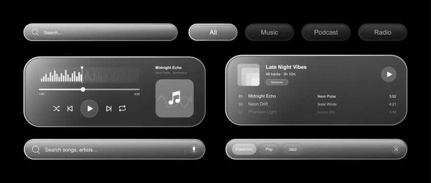 Audio streaming player interface ui, kit featuring glassmorphism widgets, song list, waveform equalizer, bars, music search bars and tags. UI, UX for mobile phone app, website. Vector interface