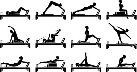 Obraz premium Pilates Reformer Exercise Positions Silhouette Icon Set