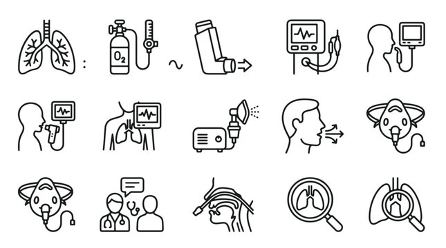 Respiratory Medical Icons Set of Lungs Oxygen Tanks and Inhalers in Grey Lines on Black Background