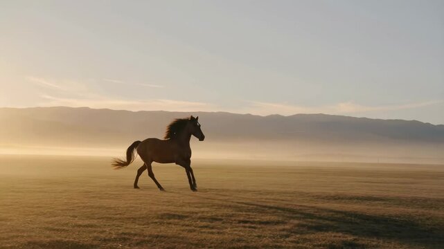 Majestic horse galloping across a misty field at sunrise. Symbolizes freedom, beauty, and the connection to nature