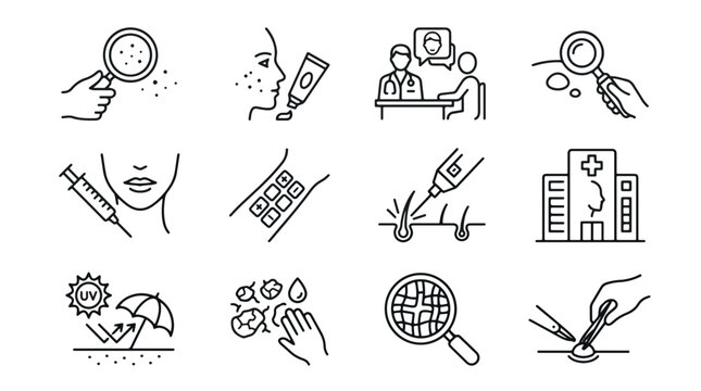 Dermatology Icons Showing Skin Care Procedures in White Line Art on a Solid Black Background