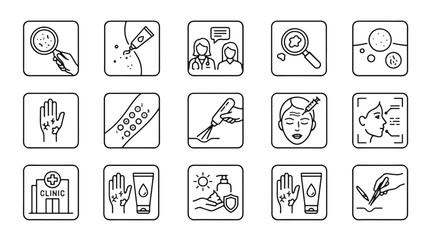 Fototapeta premium White Dermatology Medical Icons Showing Skin Procedures and Treatments on Solid Black Background
