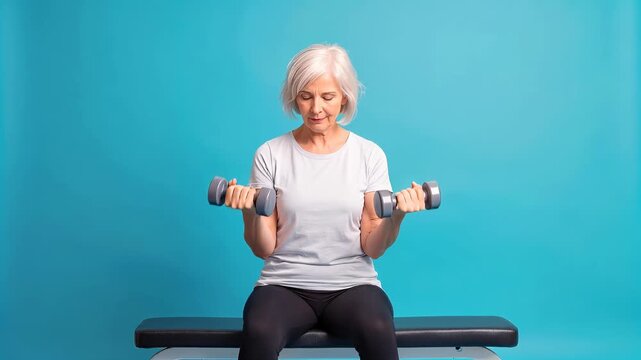 Senior woman performing bicep curls with dumbbells on weight bench. Strength training for healthy aging in studio setting. Lockdown medium shot.