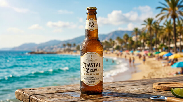 Botellin de cerveza refrescante en playa tropical para campa&ntilde;as publicitarias de verano.