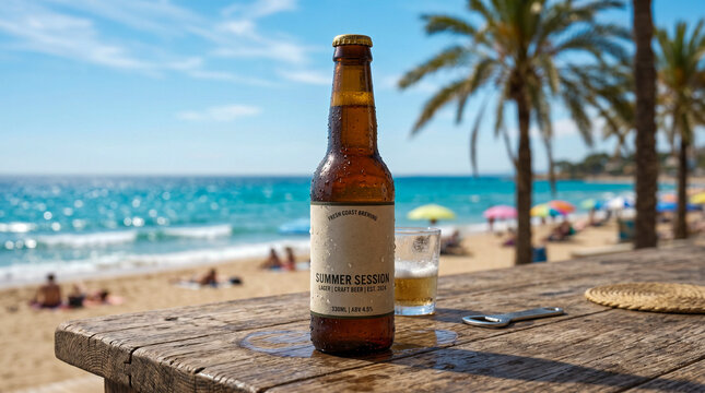 Botellin de cerveza refrescante en playa tropical para campa&ntilde;as publicitarias de verano.