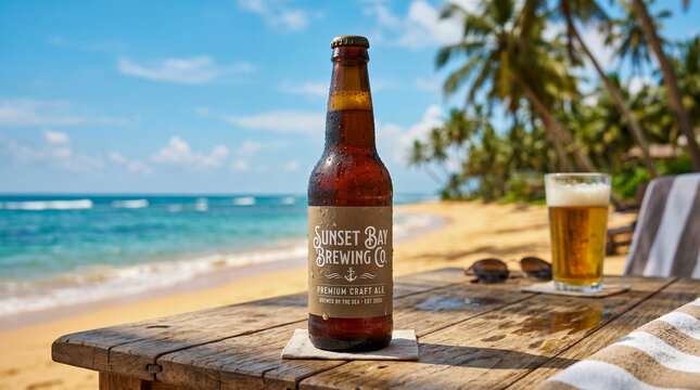 Botellin de cerveza refrescante en playa tropical para campa&ntilde;as publicitarias de verano.
