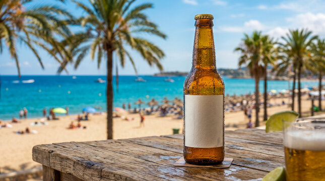 Botellin de cerveza refrescante en playa tropical para campa&ntilde;as publicitarias de verano.