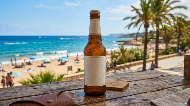Botellin de cerveza refrescante en playa tropical para campa&ntilde;as publicitarias de verano.