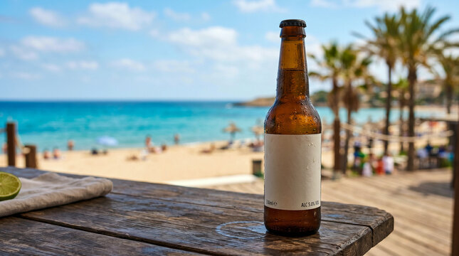Botellin de cerveza refrescante en playa tropical para campa&ntilde;as publicitarias de verano.