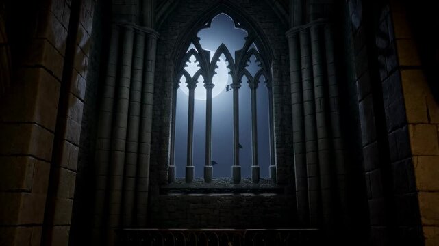 Gothic window with intricate arches and moonlight illuminating the scene. A captivating view that evokes mystery and historical architecture