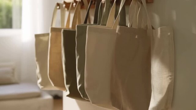 Row of neutral canvas tote bags hanging on wall hooks in sunlit interior with soft texture